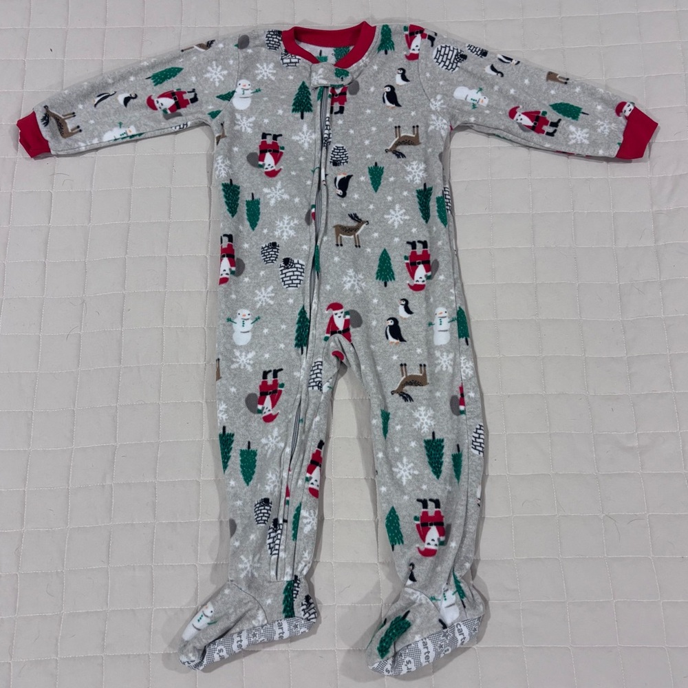 Carter’s Christmas Fleece Footie Zip Up Pajama 2T Tree Deer Penguin Santa